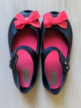 Mini Melissa Navy Mary Jane Shoes with Pink Bow And Peep Toe